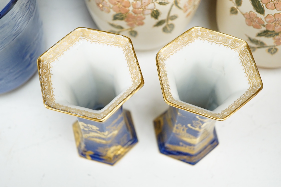 Three pairs of vases to include hexagonal Wilton ware and Delft blue and white, largest 26cm high